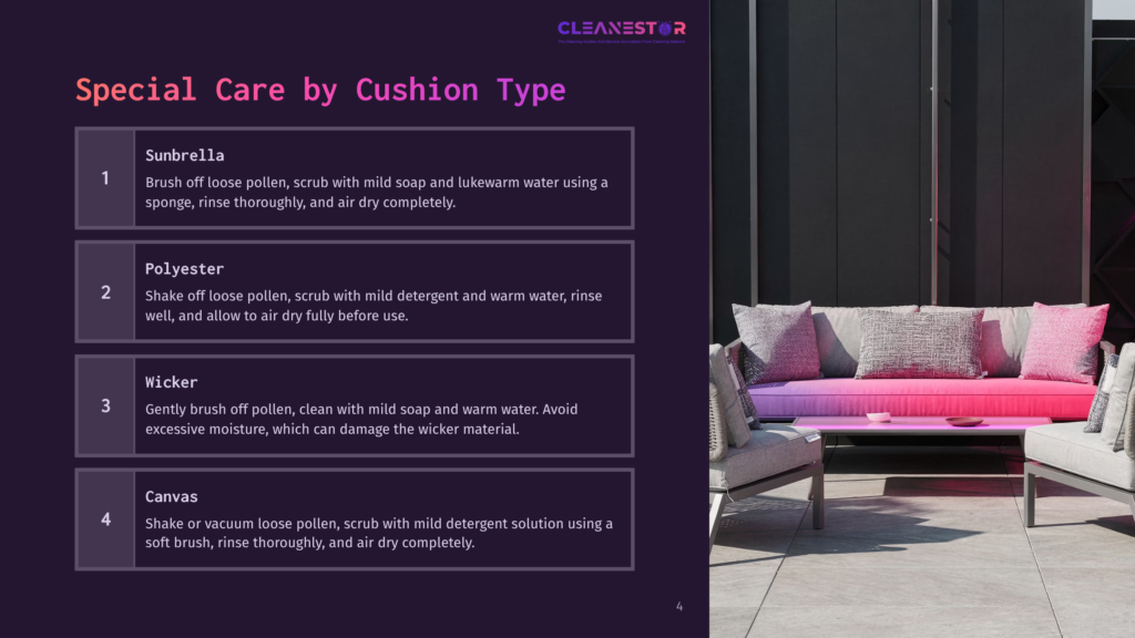 Outdoor Furniture Cleaning Guide: Sunbrella, Polyester, Wicker, And Canvas Care Instructions. A Stylish Outdoor Sofa With Pink And Grey Cushions Sits On A Patio.