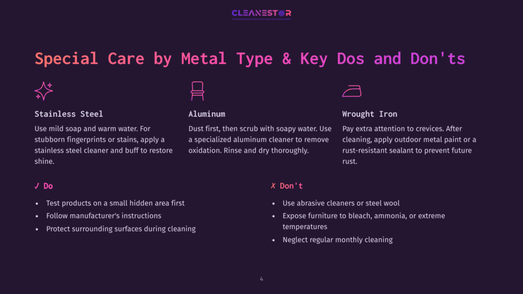 4 Special Care By Metal Type And Key Dos And Donts Infographic Titled &Quot;Special Care By Metal Type &Amp; Key Dos And Don'Ts.&Quot; It Details Cleaning Tips For Stainless Steel, Aluminum, And Wrought Iron, With Sections For &Quot;Do&Quot; And &Quot;Don'T.
