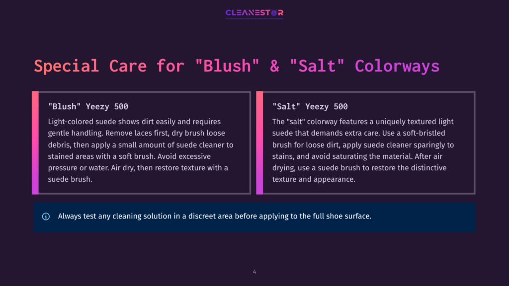 4 Special Care For Blush And Salt Colorways Blush&Quot; And &Quot;Salt&Quot; Yeezy Colorway Care Guide With Text Detailing Cleaning Instructions For Each. &Quot;Blush&Quot; Yeezy Suede Care Involves Gentle Handling, Dry Brushing, And Minimal Suede Cleaner. &Quot;Salt&Quot; Yeezy Suede Care Requires A Soft-Bristled Brush For Loose Dirt And Careful Cleaning To Avoid Saturating The Material.