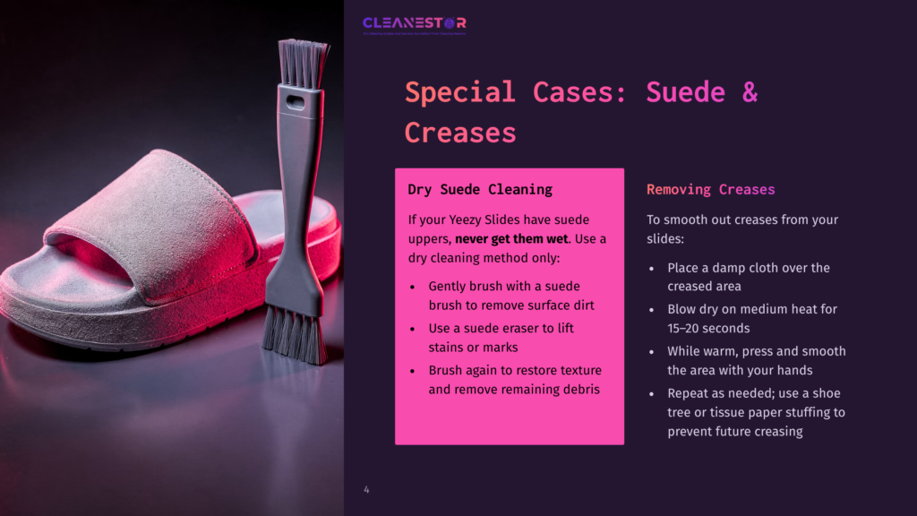 A Suede Slide Sandal And A Suede Cleaning Brush Are Displayed On A Dark Background With Pink And Purple Lighting. Text On The Right Offers &Quot;Special Cases: Suede &Amp; Creases&Quot; Cleaning Tips.