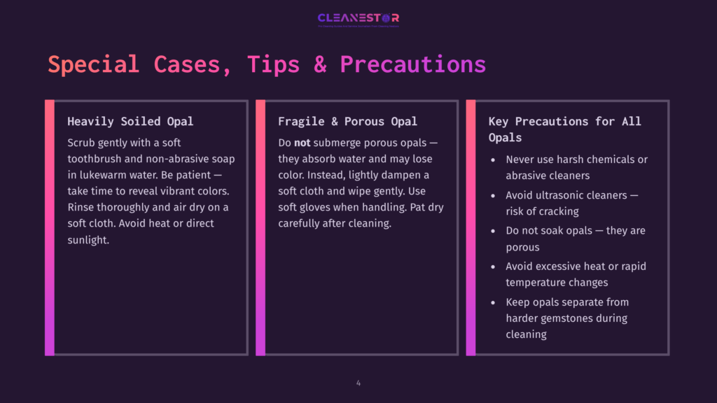 4 Special Cases Tips And Precautions A Presentation Slide Titled &Quot;Special Cases, Tips &Amp; Precautions&Quot; With Three Columns: &Quot;Heavily Soiled Opal&Quot;, &Quot;Fragile &Amp; Porous Opal&Quot;, And &Quot;Key Precautions For All Opals&Quot;.