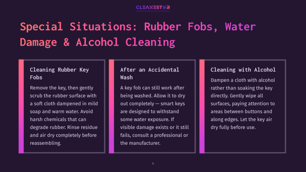 Three Panels Detailing How To Clean Rubber Fobs And Key Fobs Damaged By Water Or Alcohol. Text Includes &Quot;Cleaning Rubber Key Fobs,&Quot; &Quot;After An Accidental Wash,&Quot; And &Quot;Cleaning With Alcohol.