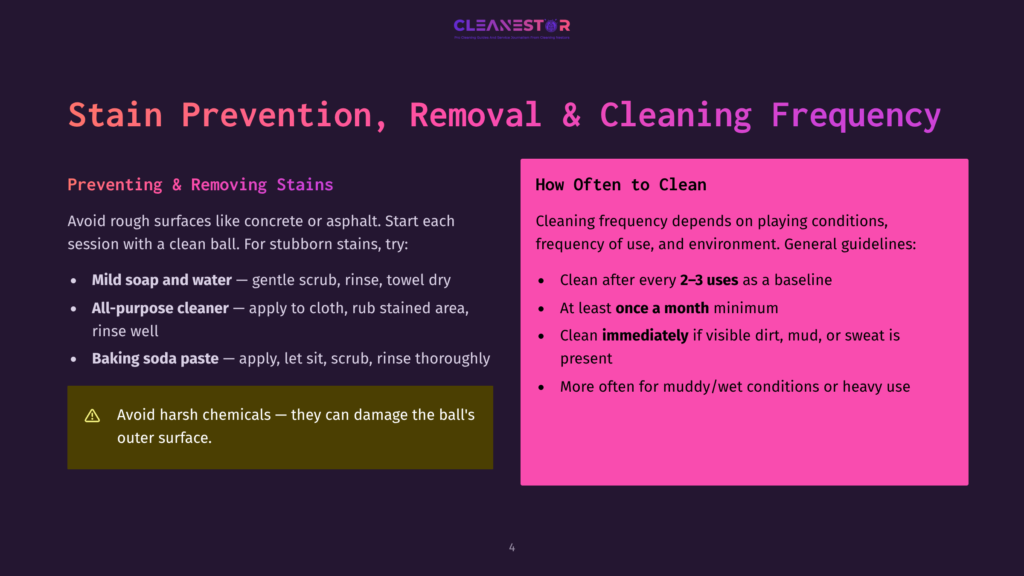 4 Stain Prevention Removal And Cleaning Frequency Infographic Detailing Stain Prevention, Removal, And Cleaning Frequency For Rough Surfaces Like Concrete Or Asphalt. Includes Tips Like Using Mild Soap And Water, All-Purpose Cleaner, Or Baking Soda Paste, And Advises Avoiding Harsh Chemicals. It Also Suggests Cleaning After Every 2-3 Uses Or At Least Once A Month.