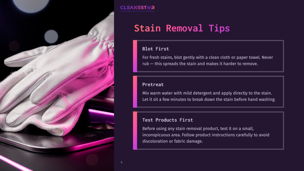 4 Stain Removal Tips White Cleaning Gloves Rest On A Metallic Surface, Illuminated By Pink And Purple Lighting. To The Right, A Graphic Displays &Quot;Stain Removal Tips&Quot; With Three Steps: &Quot;Blot First,&Quot; &Quot;Pretreat,&Quot; And &Quot;Test Products First.