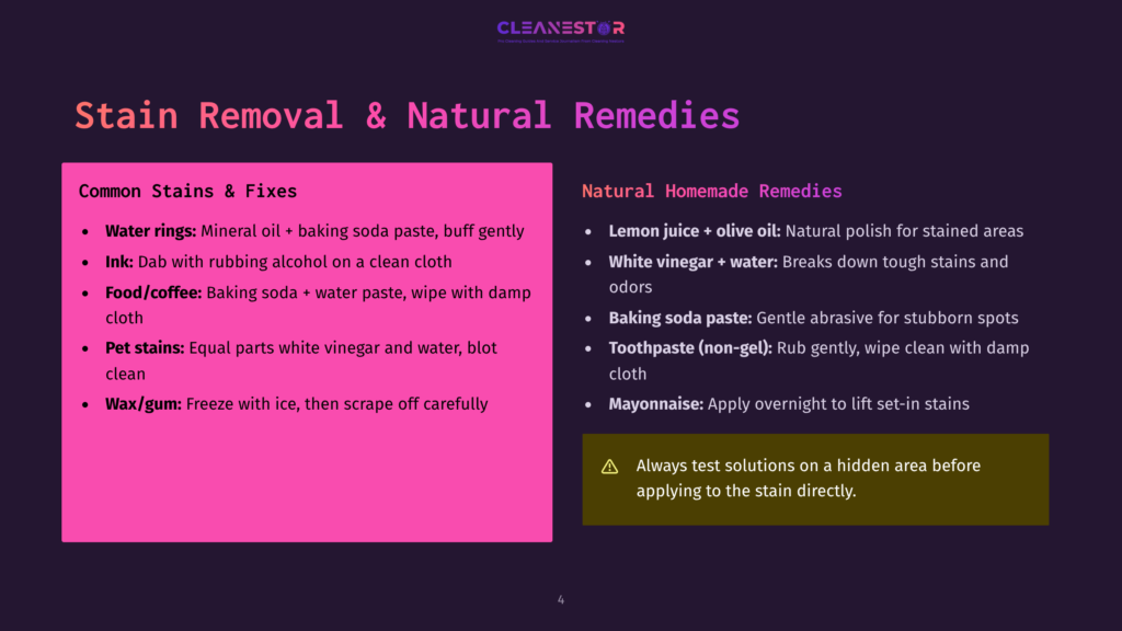 A Presentation Slide Titled &Quot;Stain Removal &Amp; Natural Remedies&Quot; Lists Common Stains And Their Fixes, Like Water Rings With Baking Soda, And Natural Remedies Such As Lemon Juice And Toothpaste For Tough Stains.