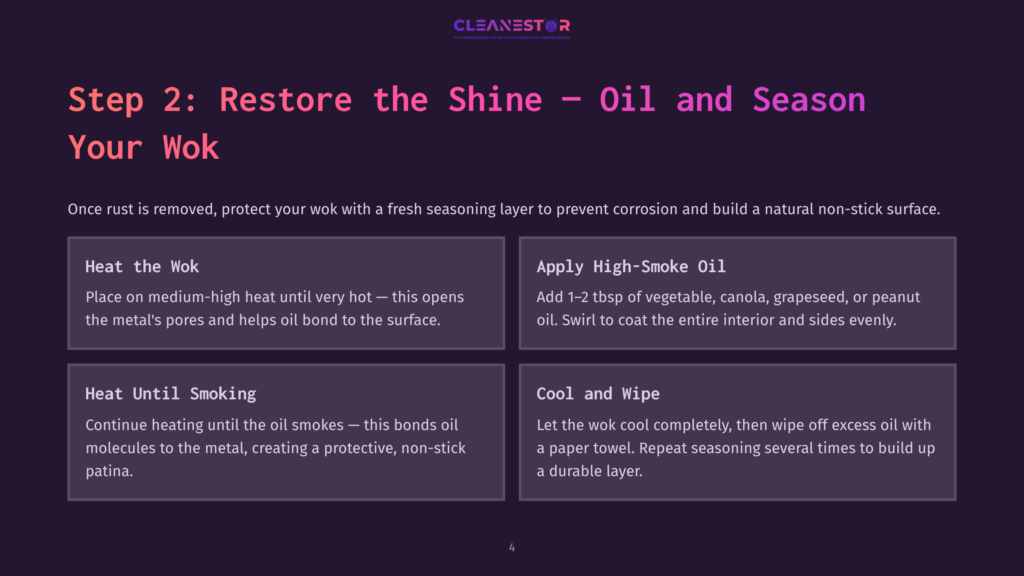 Step 2: Restore The Shine - Oil And Season Your Wok. Instructions For Heating The Wok, Applying High-Smoke Oil, Heating Until Smoking, And Cooling And Wiping.
