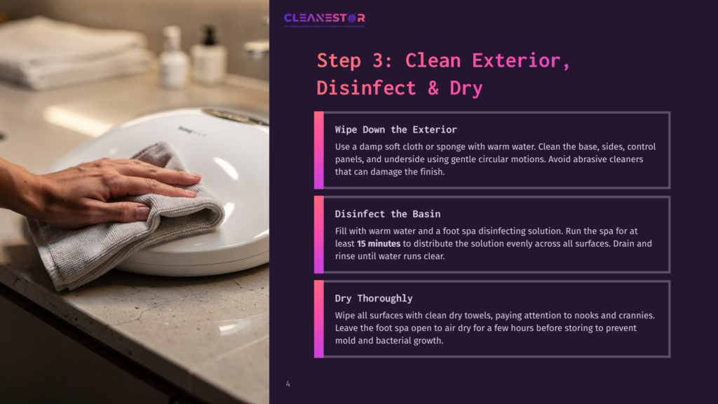 Close-Up Of A Person'S Hands Cleaning A White Spa Tub With A Grey Microfiber Cloth. The Text On The Right Side Of The Image Reads &Quot;Cleanestor Step 3: Clean Exterior, Disinfect &Amp; Dry&Quot;.