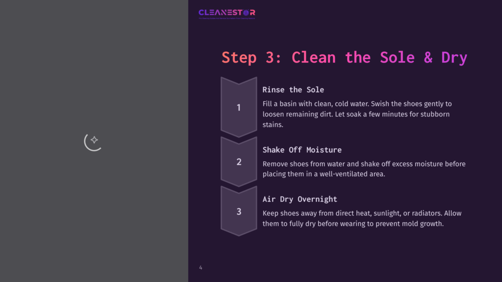 Step 3: Clean The Sole &Amp; Dry. Instructions Detail Rinsing The Sole, Shaking Off Moisture, And Air-Drying Shoes Overnight To Prevent Mold Growth.