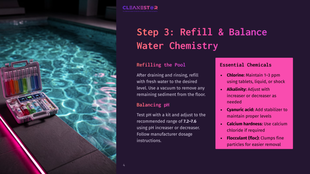 Step 3: Refill &Amp; Balance Water Chemistry. A Pool Water Testing Kit With Colorful Vials Sits On The Edge Of A Sparkling Blue Swimming Pool.