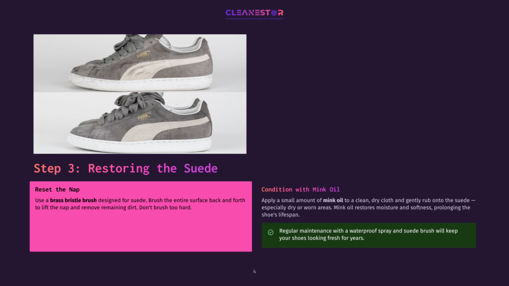 A Pair Of Grey Suede Puma Sneakers With White Soles, Shown Side By Side, Before And After Cleaning. The Before Image Shows The Suede With Noticeable Dirt, While The After Image Shows A Clean And Shiny Surface.