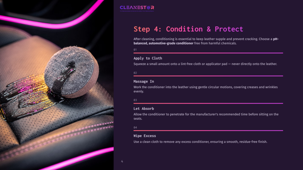 Close-Up Of A Leather Car Seat With A Detailing Applicator Pad Applying A Liquid Conditioner. The Seat Has Intricate Stitching And A Textured Surface, With A Soft Pink And Purple Glow From Ambient Lighting.
