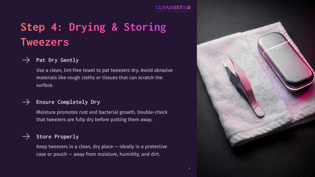 Step 4: Drying &Amp; Storing Tweezers. A Pair Of Precision Tweezers Rests On A White Lint-Free Towel Next To A Sleek, Modern Drying Device With Pink Led Lights.