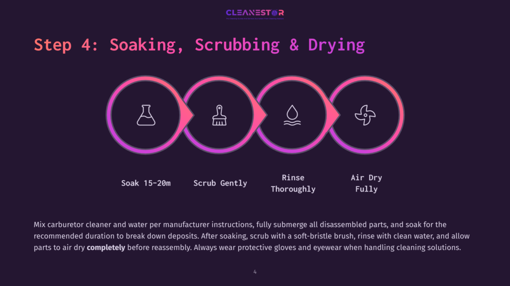Step 4 Of Cleaning: Soaking, Scrubbing, And Drying Carburetor Parts. Icons Depict Soaking In Liquid, Scrubbing With A Brush, Rinsing, And Air Drying.