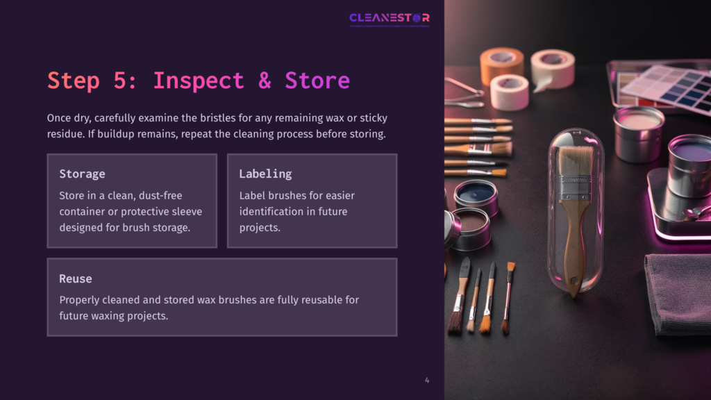 4 Step 5 Inspect And Store A Step-By-Step Guide On How To Inspect And Store Clean Wax Brushes. The Image Shows A Collection Of Brushes, Storage Containers, And Labeling Materials On A Dark Background.