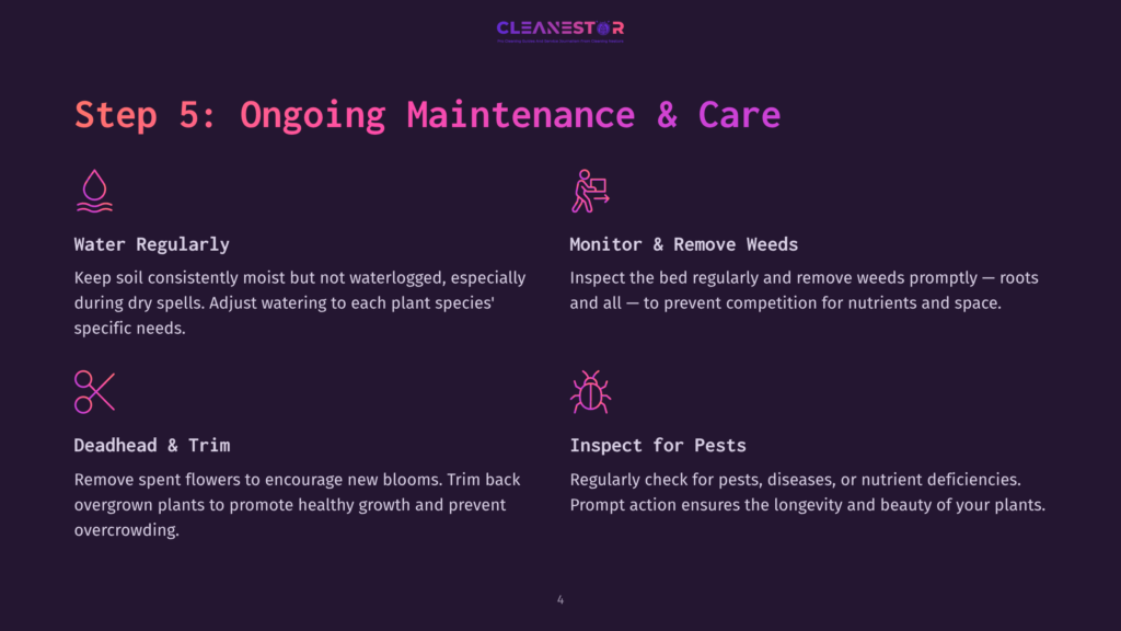 4 Step 5 Ongoing Maintenance And Care Step 5: Ongoing Maintenance &Amp; Care. Four Icons Illustrate Plant Care: Watering Can For &Quot;Water Regularly,&Quot; Gardening Tools For &Quot;Monitor &Amp; Remove Weeds,&Quot; Scissors For &Quot;Deadhead &Amp; Trim,&Quot; And A Magnifying Glass Over A Bug For &Quot;Inspect For Pests.
