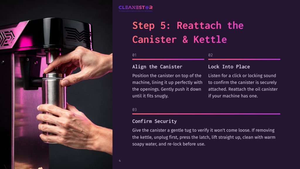 4 Step 5 Reattach The Canister And Kettle Step 5: Reattach The Canister &Amp; Kettle. Close-Up Of Hands Attaching A Silver Canister To A Black Machine, Aligning Openings Before Securing.