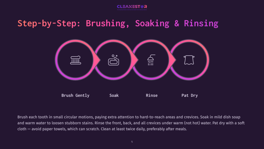 Step-By-Step Guide To Brushing, Soaking, And Rinsing With Icons For Each Step: Brush Gently, Soak, Rinse, And Pat Dry. Detailed Instructions Are Provided Below The Icons.