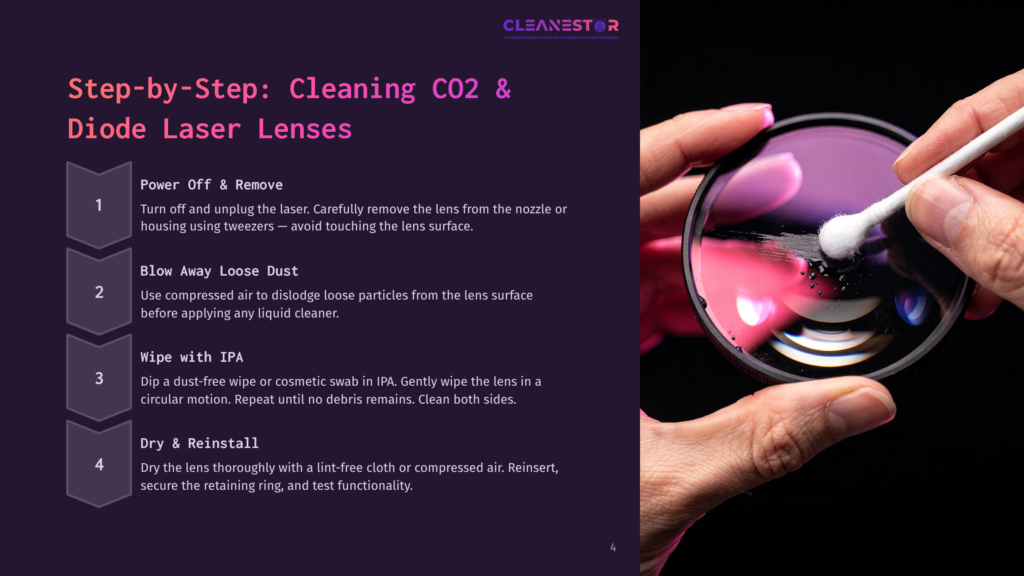 Close-Up Of A Hand Holding A Lens And Cleaning It With A Cotton Swab Dipped In Ipa, With A Step-By-Step Guide For Cleaning Co2 And Diode Laser Lenses Visible On The Left.