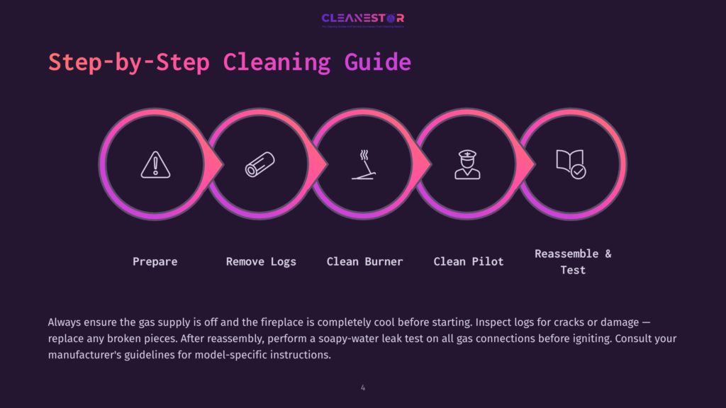 4 Step By Step Cleaning Guide 1 Step-By-Step Cleaning Guide For A Fireplace, Featuring Five Circular Icons Representing Preparation, Log Removal, Burner Cleaning, Pilot Light Check, And Reassembly And Testing. The Text &Quot;Cleanestor&Quot; Is At The Top.