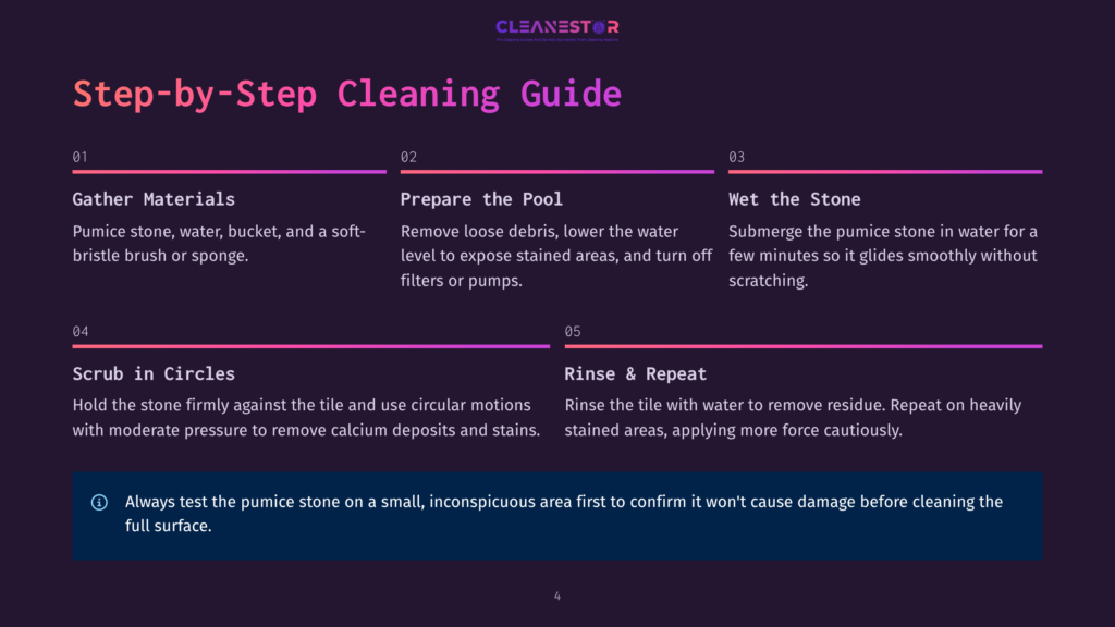 Step-By-Step Cleaning Guide For Pools: Gather Materials, Prepare The Pool By Removing Debris, Wet The Pumice Stone, Scrub In Circles, And Rinse And Repeat To Remove Calcium Deposits.