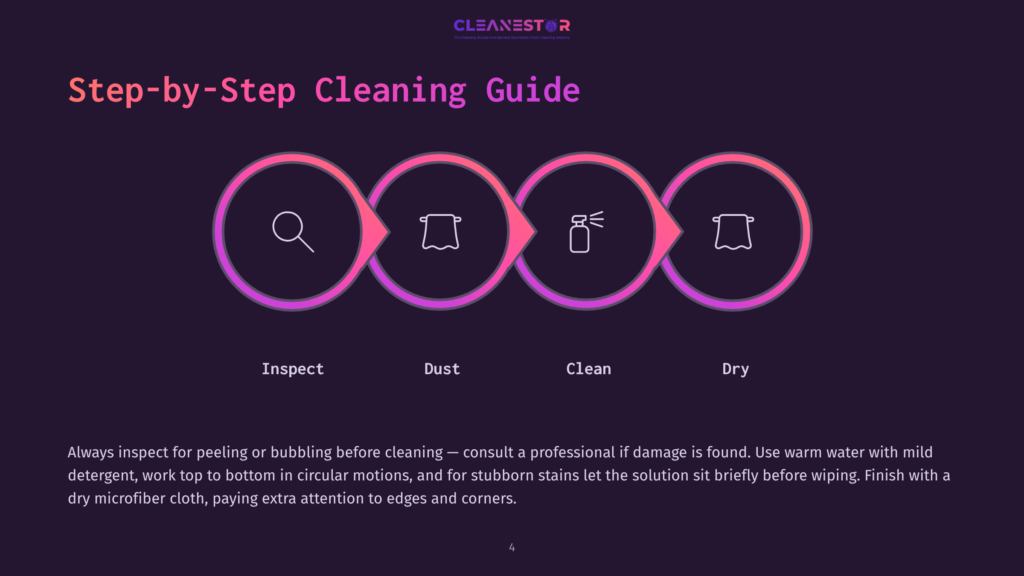 Step-By-Step Cleaning Guide With Icons For Inspect, Dust, Clean, And Dry Processes.