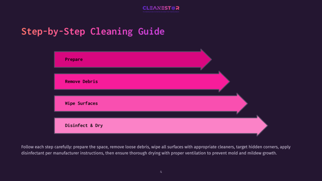 4 Step By Step Cleaning Guide 23 Step-By-Step Cleaning Guide Graphic With Four Horizontal Pink And Purple Arrows Indicating: Prepare, Remove Debris, Wipe Surfaces, And Disinfect &Amp; Dry. The Text &Quot;Cleanestor&Quot; Is At The Top.