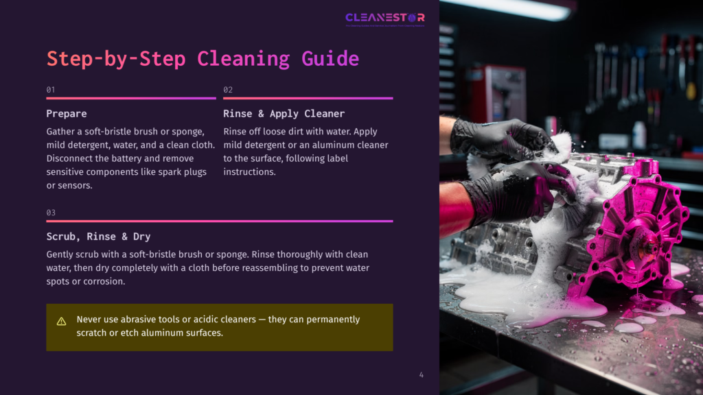 Step-By-Step Cleaning Guide For Car Parts: Prepare, Rinse &Amp; Apply Cleaner, Scrub, Rinse &Amp; Dry. Never Use Abrasive Tools On Aluminum Surfaces.
