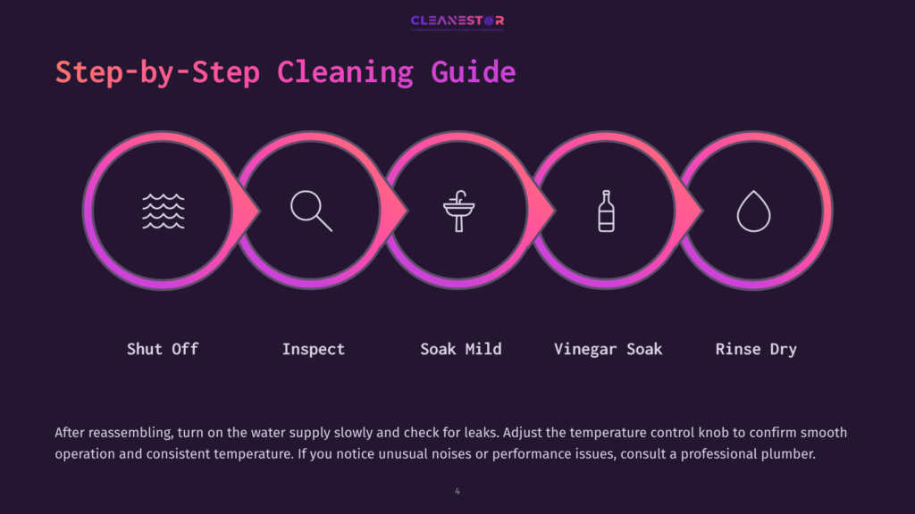 Step-By-Step Cleaning Guide With Icons For Shut Off, Inspect, Soak Mild, Vinegar Soak, And Rinse Dry. A Text Box Below Outlines Reassembly Instructions.