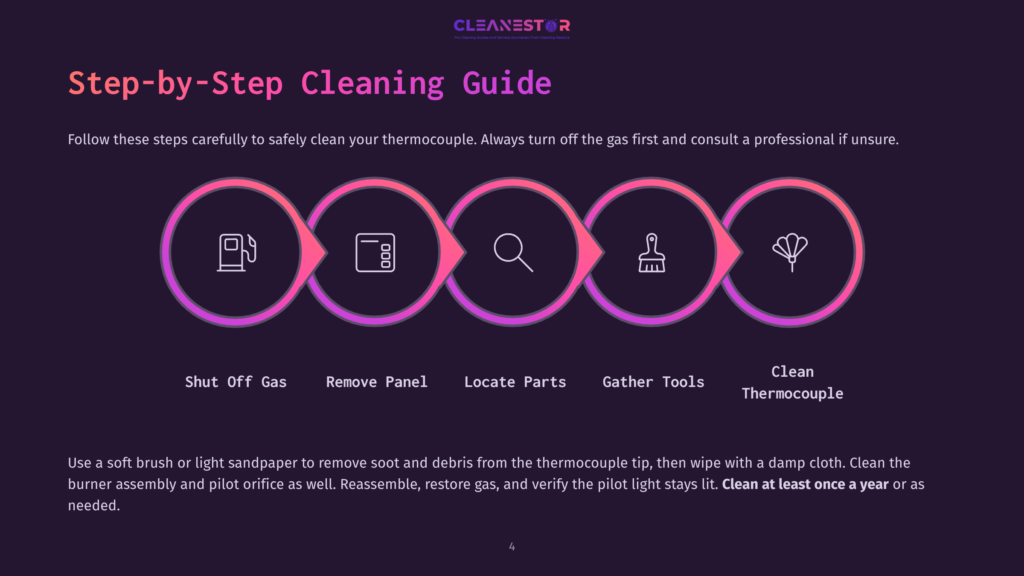 Step-By-Step Cleaning Guide For A Thermocouple, Featuring Icons For Shutting Off Gas, Removing A Panel, Locating Parts, Gathering Tools, And Cleaning The Thermocouple.