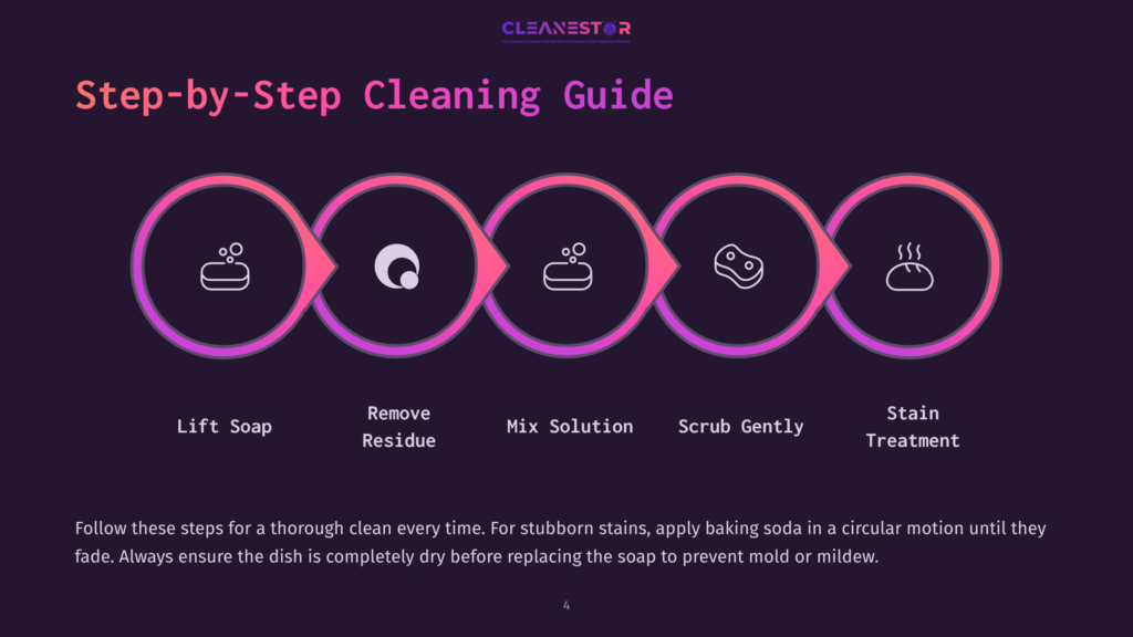 4 Step By Step Cleaning Guide 34 Step-By-Step Cleaning Guide Graphic With Five Circular Icons Representing Cleaning Stages: Lift Soap, Remove Residue, Mix Solution, Scrub Gently, And Stain Treatment, With Text Below Each Icon.
