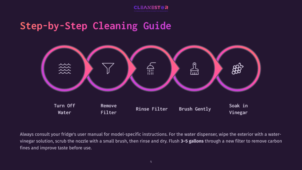 4 Step By Step Cleaning Guide 36 Cleanestor Step-By-Step Cleaning Guide Graphic Showing Five Circular Icons In A Row With Text Below Each: Turn Off Water, Remove Filter, Rinse Filter, Brush Gently, Soak In Vinegar. The Graphic Illustrates How To Clean A Water Dispenser.