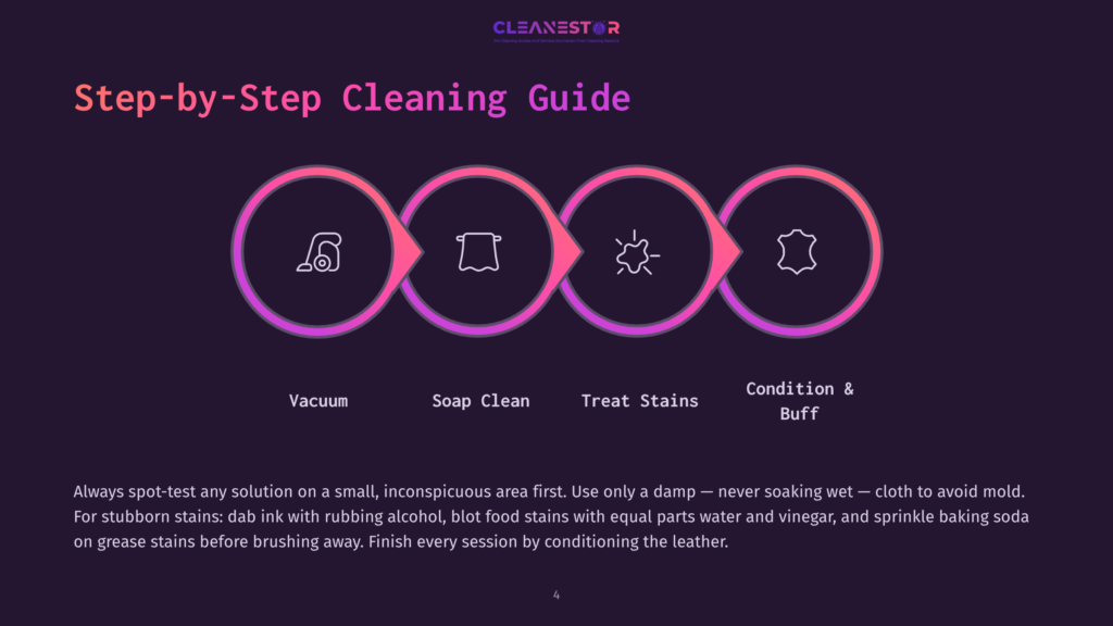 A Step-By-Step Cleaning Guide For Leather, Featuring Four Circular Icons Representing Vacuuming, Soap Cleaning, Stain Treatment, And Conditioning, With The Text &Quot;Step-By-Step Cleaning Guide&Quot; At The Top.
