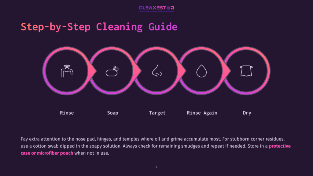 Step-By-Step Cleaning Guide For Glasses, Showing Icons For Rinse, Soap, Target, Rinse Again, And Dry, With Text Detailing How To Clean Stubborn Residues.