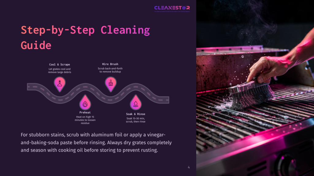 4 Step By Step Cleaning Guide 44 Step-By-Step Cleaning Guide For A Grill, Featuring A Diagram With Icons For &Quot;Cool &Amp; Scrape,&Quot; &Quot;Wire Brush,&Quot; &Quot;Preheat,&Quot; And &Quot;Soak &Amp; Rinse,&Quot; Alongside A Person Cleaning Grill Grates With A Wire Brush.