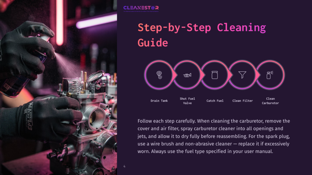 Step-By-Step Guide To Cleaning A Carburetor, Showing A Person Spraying Cleaner Onto The Carburetor With A Brush Nearby. Text Reads &Quot;Cleanestor Step-By-Step Cleaning Guide&Quot;.