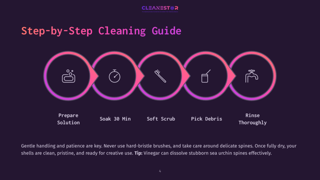 4 Step By Step Cleaning Guide 5 A Step-By-Step Cleaning Guide For Sea Urchin Shells With Icons Representing Each Step: Prepare Solution, Soak 30 Minutes, Soft Scrub, Pick Debris, And Rinse Thoroughly.