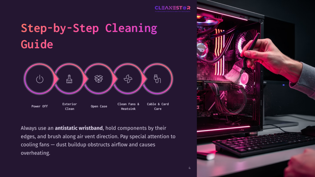 Step-By-Step Guide To Cleaning A Computer, With Icons Representing Power Off, Exterior Clean, Open Case, Clean Fans &Amp; Heatsink, And Cable &Amp; Card Care. Text Emphasizes Using An Anti-Static Wristband And Brushing Dust Away From Vents.