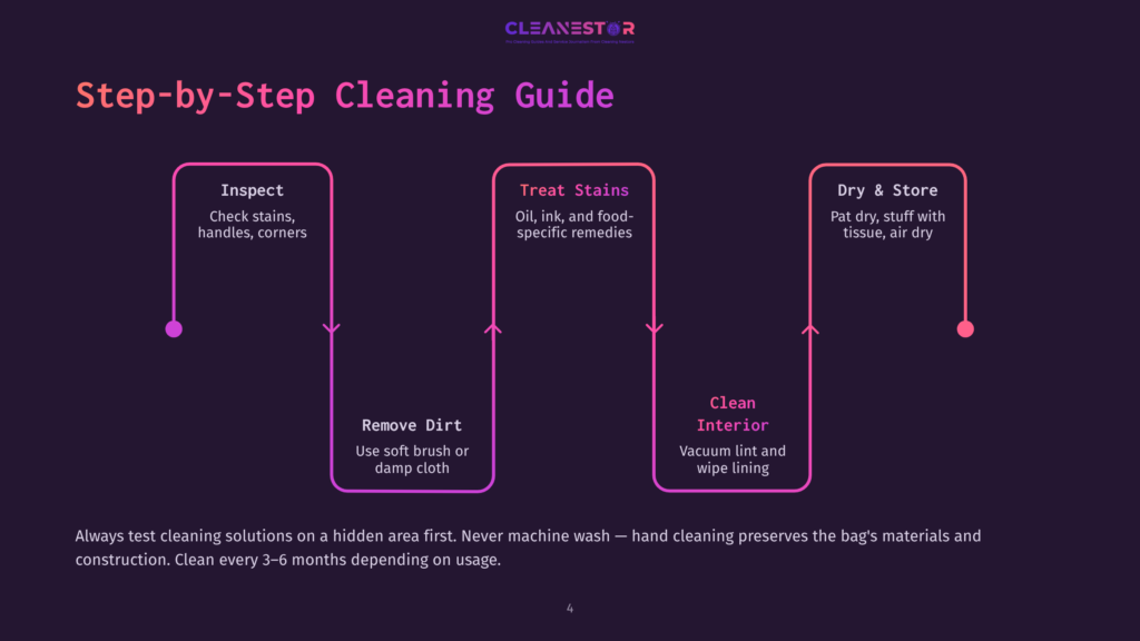 A Diagram Titled &Quot;Step-By-Step Cleaning Guide&Quot; From Cleanestor, Outlining Steps: Inspect, Treat Stains, Dry &Amp; Store, Remove Dirt, And Clean Interior, With A Note About Testing Solutions And Bag Care.