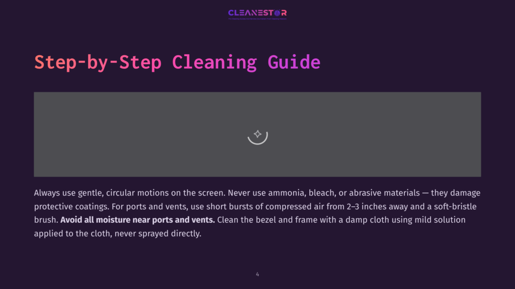 A Dark Gray Rectangle With A White Play Button Icon In The Center, Overlaying A Gradient Background Of Purple And Pink. Text Below Reads &Quot;Step-By-Step Cleaning Guide&Quot; And Provides Instructions On How To Clean Screens, Ports, And Vents.