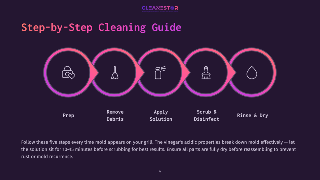 Step-By-Step Cleaning Guide Graphic With 5 Icons Representing Prep, Remove Debris, Apply Solution, Scrub &Amp; Disinfect, And Rinse &Amp; Dry. The Text &Quot;Cleanestor&Quot; And &Quot;Step-By-Step Cleaning Guide&Quot; Are Prominent.