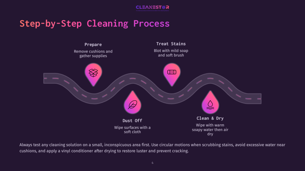 Infographic Illustrating A Step-By-Step Cleaning Process For Upholstery: Prepare, Treat Stains, Dust Off, And Clean &Amp; Dry. The Graphic Features A Winding Road With Icons Representing Each Step.