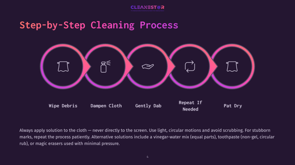 Step-By-Step Cleaning Process Graphic: Wipe Debris, Dampen Cloth, Gently Dab, Repeat If Needed, Pat Dry. Instructions For Screen Cleaning.