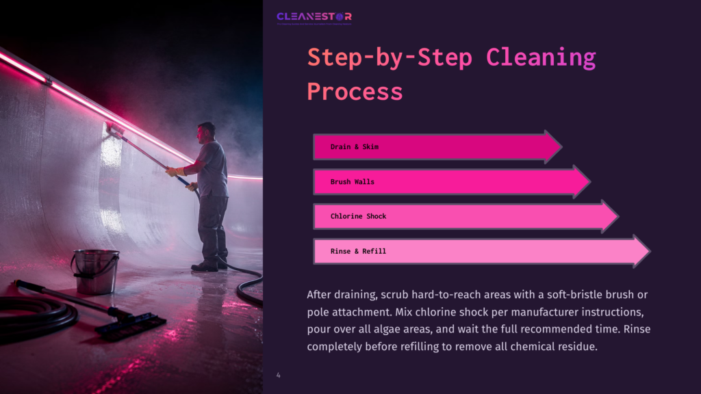 Step-By-Step Pool Cleaning Process Diagram, Showing Drain &Amp; Skim, Brush Walls, Chlorine Shock, And Rinse &Amp; Refill Steps With Pink Arrows.