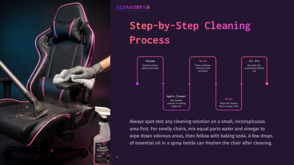 A Person In A Gray Glove Sprays A Cleaning Solution Onto A Black And Purple Gaming Chair, With A Dust Brush And A Bottle Labeled &Quot;Chair Cleaner&Quot; Visible.