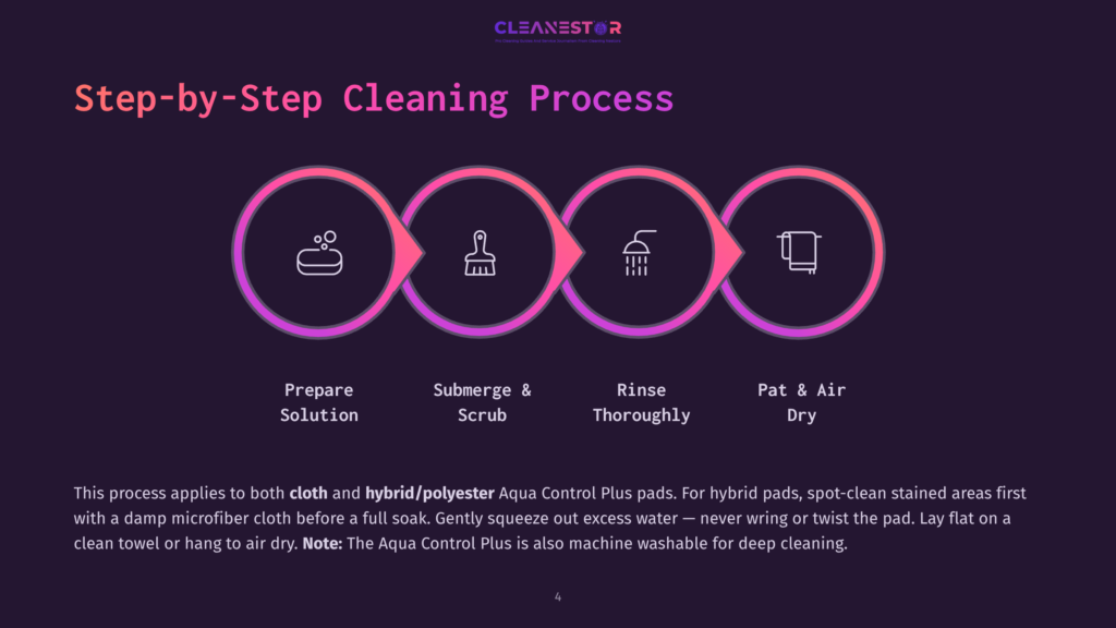 Infographic Detailing The &Quot;Step-By-Step Cleaning Process&Quot; By Cleanestor, Showing Four Circular Icons Representing Preparing Solution, Scrubbing, Rinsing, And Patting Dry.