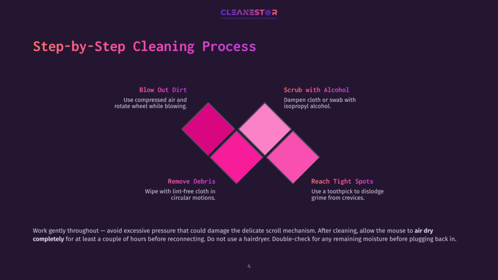 An Infographic Titled &Quot;Step-By-Step Cleaning Process&Quot; Displays A Pink Diamond Shape With Instructions For Cleaning. It Reads &Quot;Blow Out Dirt,&Quot; &Quot;Scrubbing With Alcohol,&Quot; &Quot;Remove Debris,&Quot; And &Quot;Reach Tight Spots.&Quot; Each Step Is Accompanied By A Brief Description.