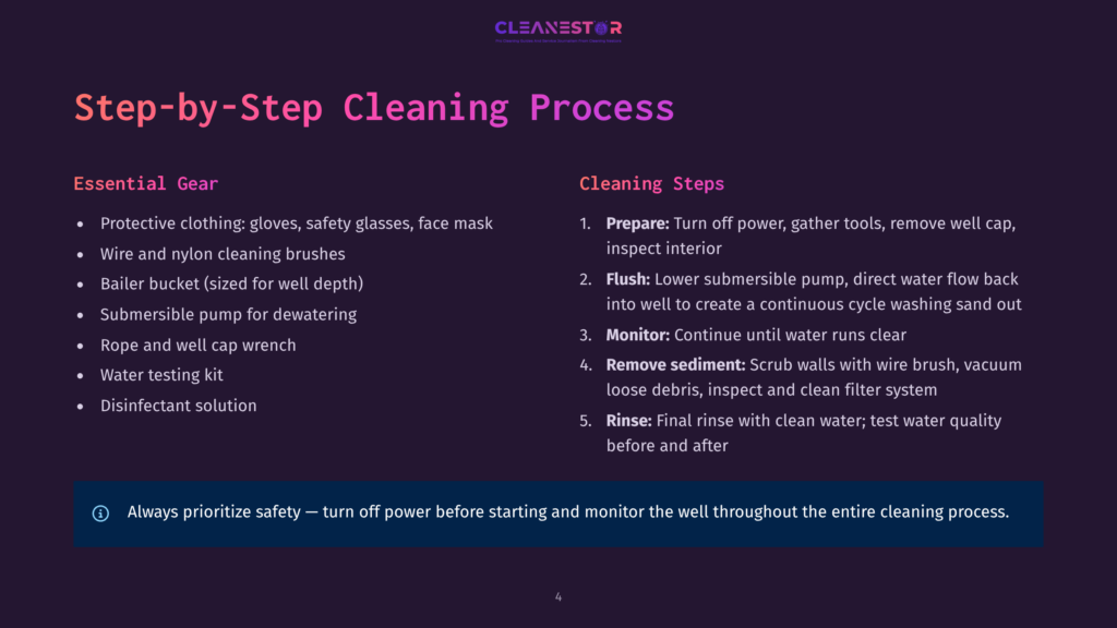 Infographic Titled &Quot;Step-By-Step Cleaning Process&Quot; Outlines Essential Gear And Cleaning Steps, Including Protective Clothing And A Submersible Pump, With A Safety Reminder To Turn Off Power Before Starting.