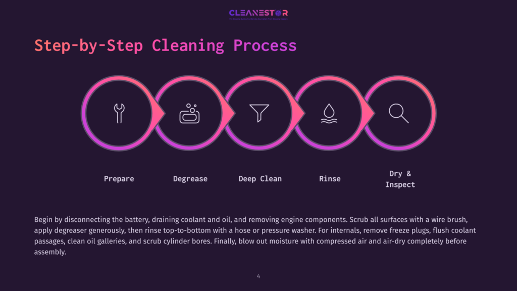Infographic Detailing The Step-By-Step Cleaning Process With Icons For Prepare, Degrease, Deep Clean, Rinse, And Dry &Amp; Inspect, Set Against A Dark Purple Background With A Gradient Circle Border.
