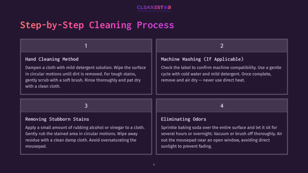 Step-By-Step Cleaning Process For Mousepads: Hand Cleaning, Machine Washing (If Applicable), Removing Stubborn Stains With Rubbing Alcohol Or Vinegar, And Eliminating Odors With Baking Soda.