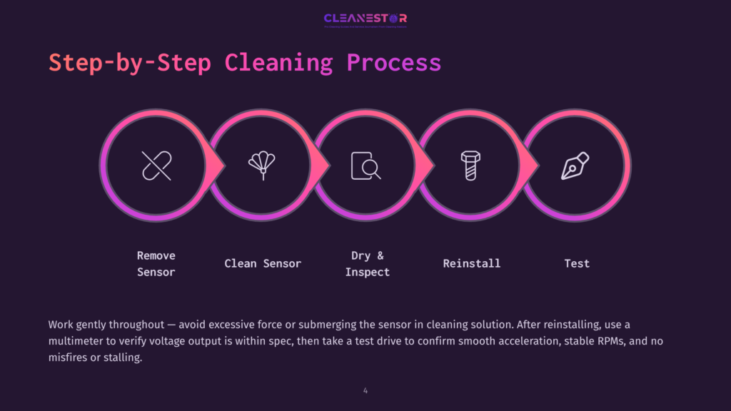 Infographic Illustrating The &Quot;Step-By-Step Cleaning Process&Quot; For Sensors, Featuring Five Circular Icons Representing: Remove Sensor, Clean Sensor, Dry &Amp; Inspect, Reinstall, And Test. The Process Is Visually Depicted With Glowing Pink And Purple Gradients.